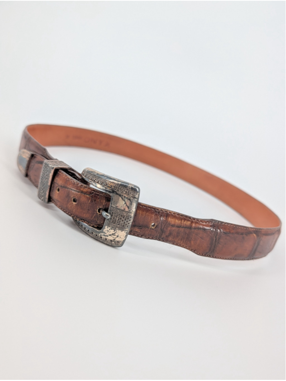 Vintage 1993 Onyx Brighton Brown Croc Embossed Leather Western Belt 36